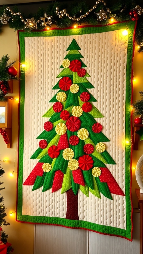 Christmas Tree Quilted Wall Hanging Tutorial A colorful quilted wall hanging shaped like a Christmas tree, showcasing various holiday fabrics.